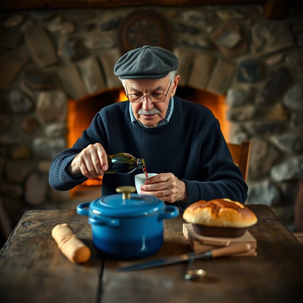 Cozy Firelight Portrait of Elderly Man with Wine
