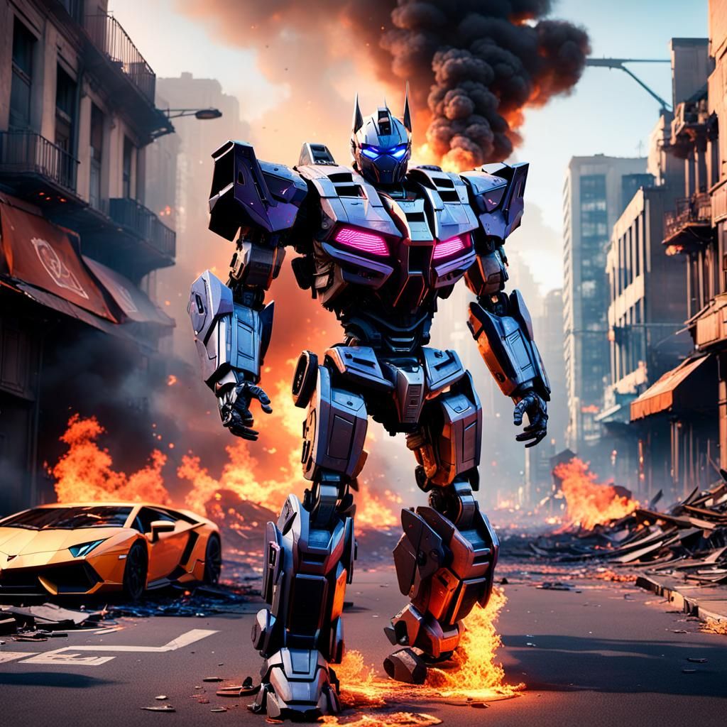Decepticon Lamborghini Robot in Burning City