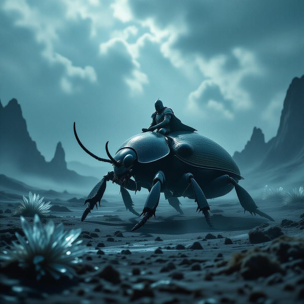 Knight Rides Armored Beetle Through Alien Landscape