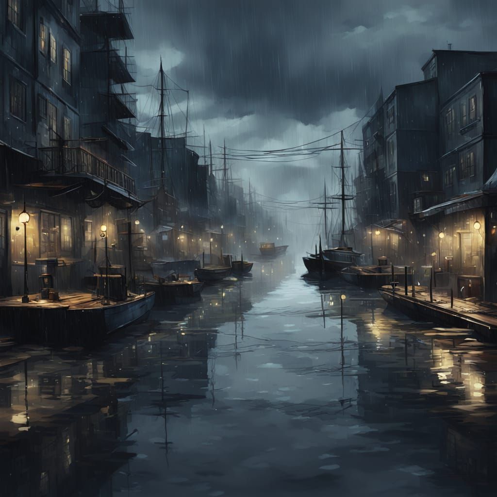 Gloomy Seaport at Dusk Digital Painting