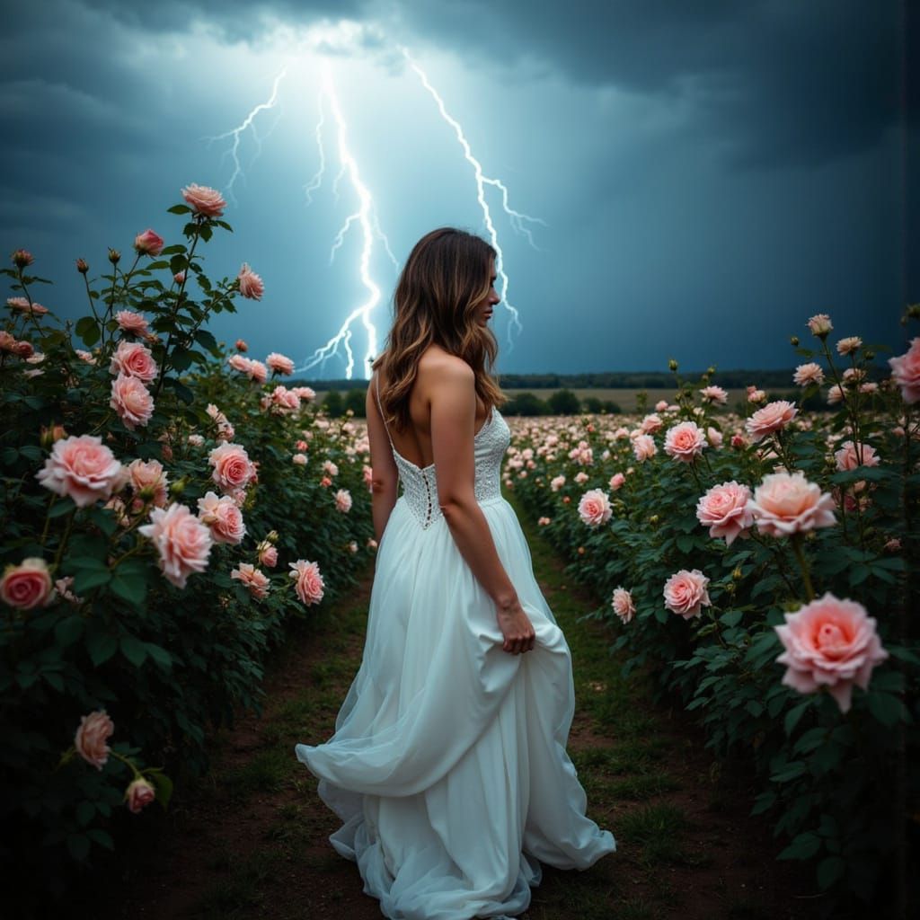 Woman in Rose Garden During Thunderstorm