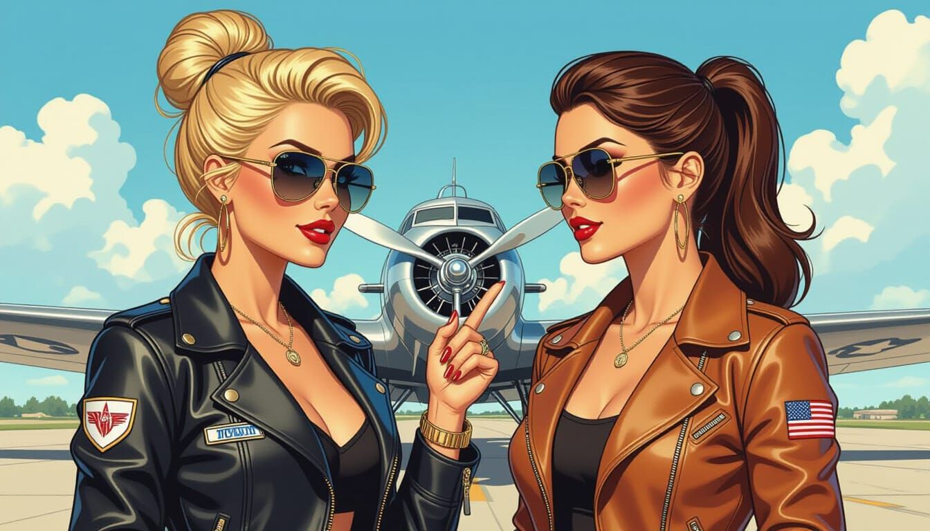 Vintage Airplane: Color Illustration of Two Pilots