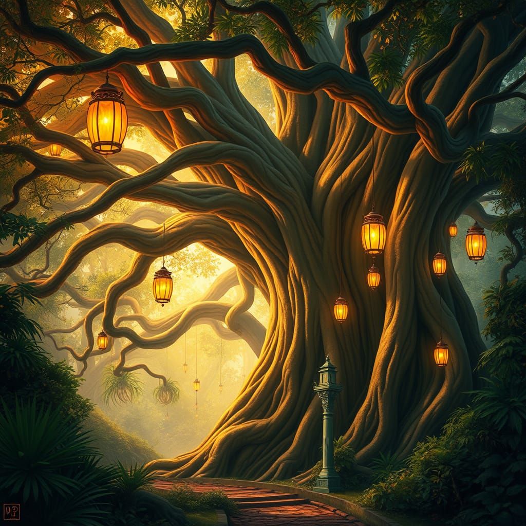 Idyllic Jungle Banyan Tree Scene in Whimsical Realism