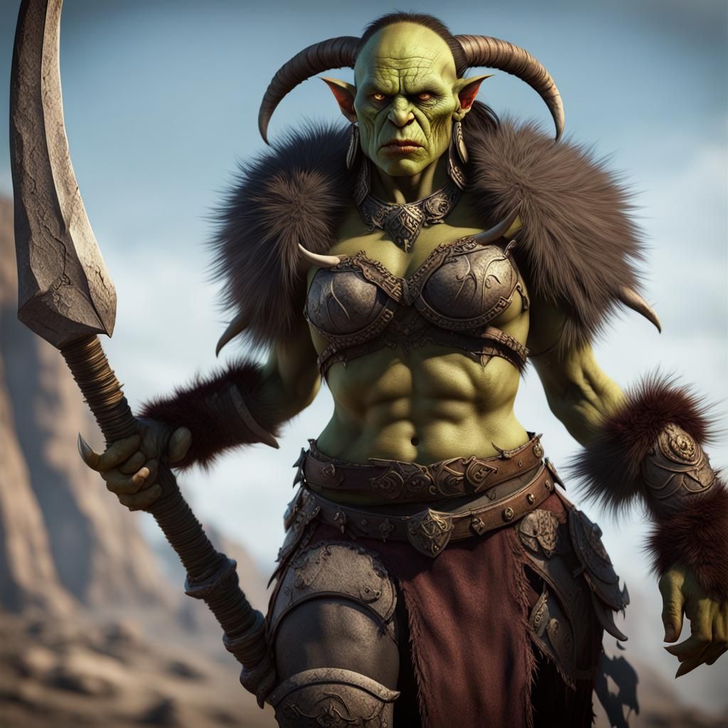 Detailed Female Orc Warrior in Fur Armor