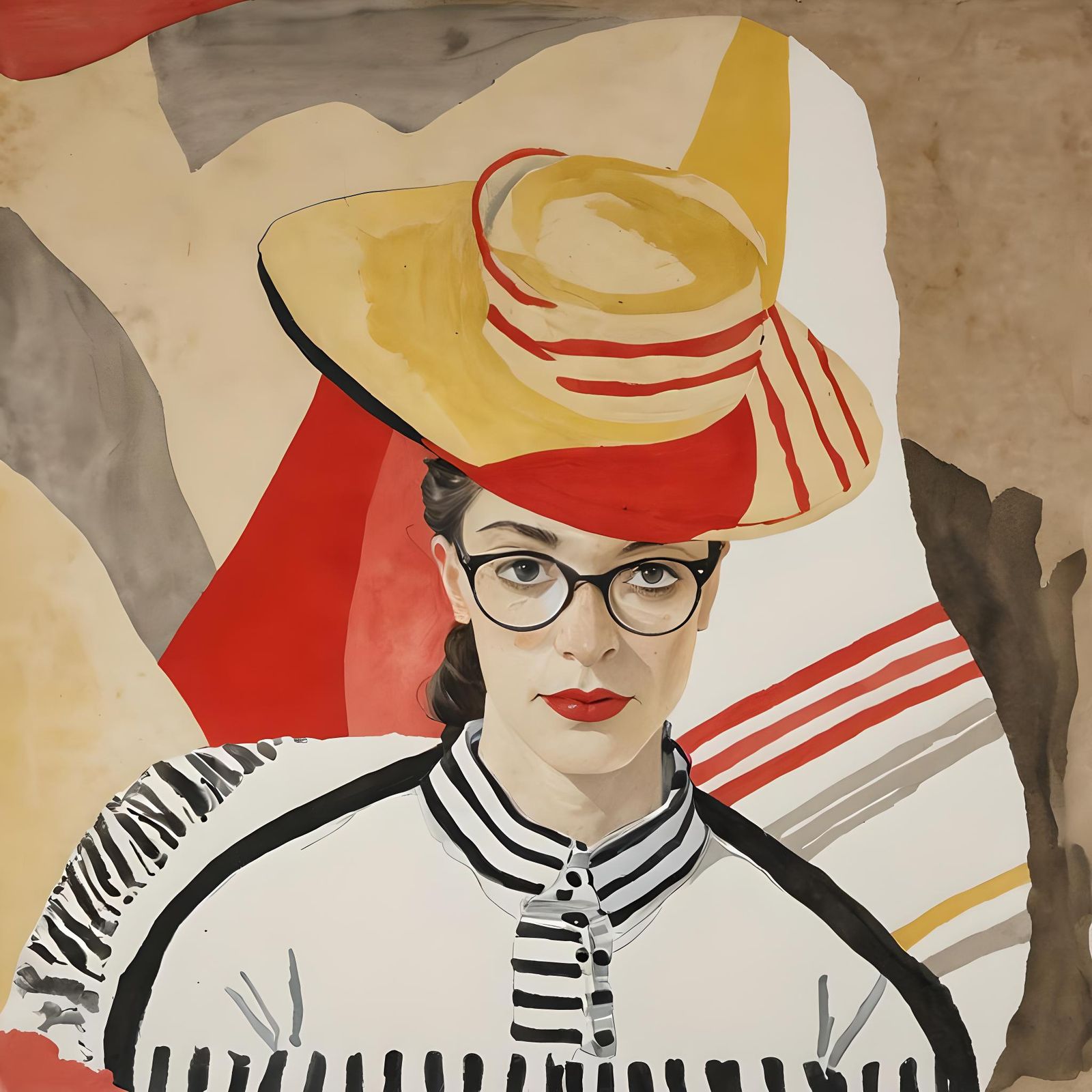 Abstract Portrait of Woman with Striped Hat in Watercolor