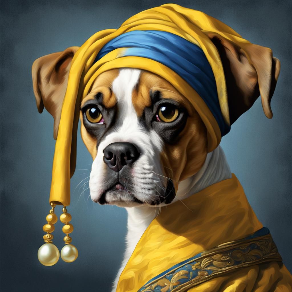Hyper-Realistic Digital Artwork of Yellow Boxer Dog in Verme...