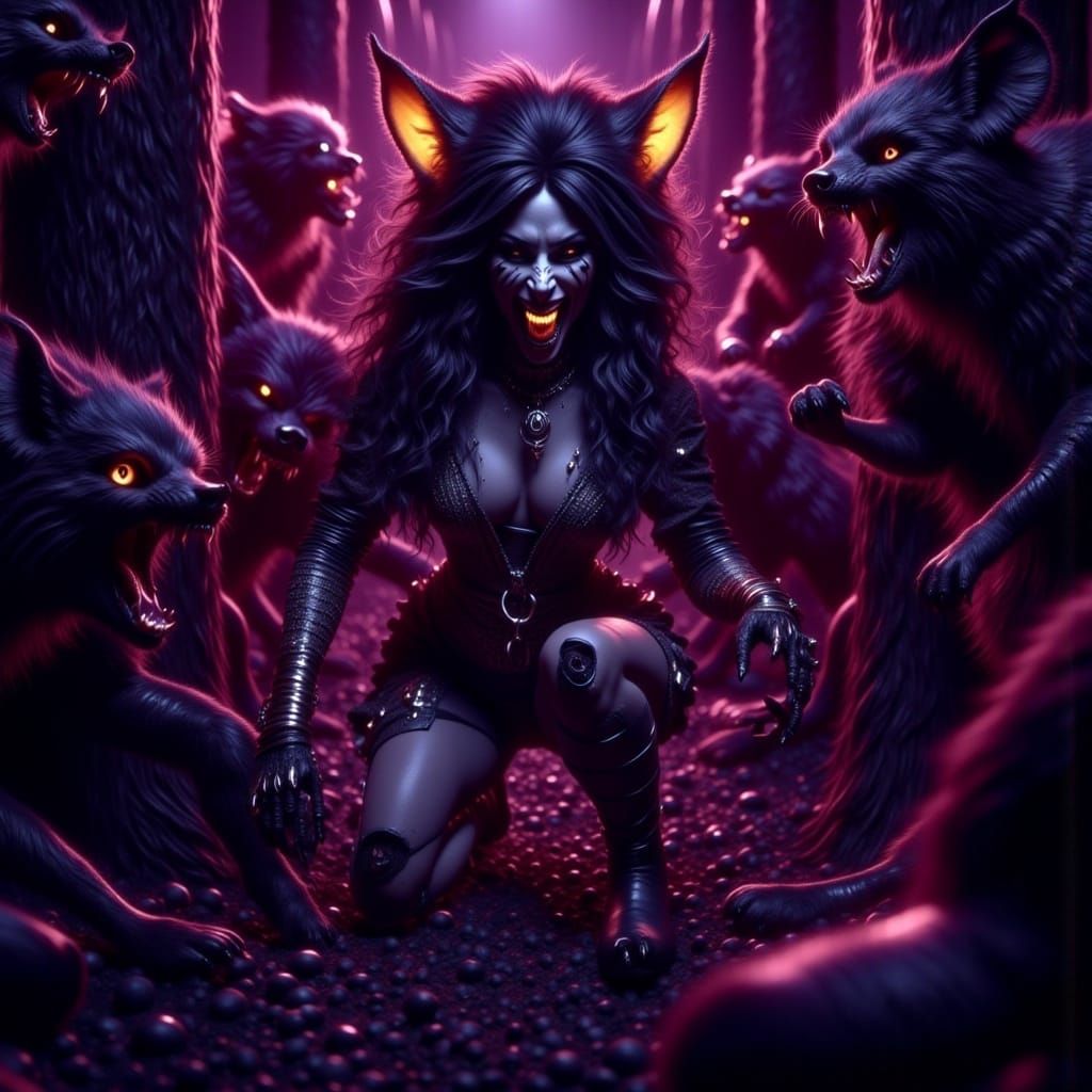 Dark Fantasy Pigs Chase a Terrified Female Wolf