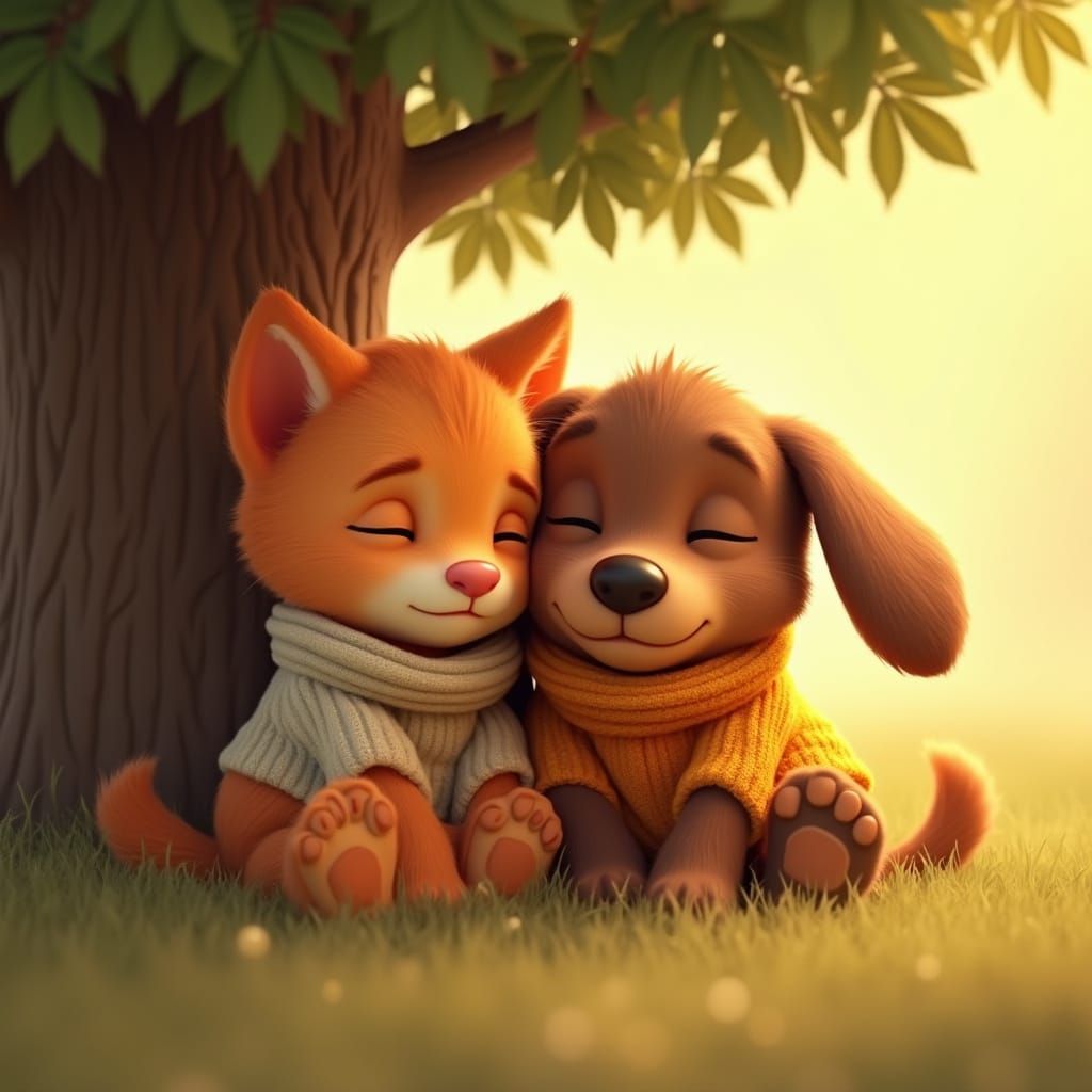 Orange Cat and Puppy Best Friends in 3D Cartoon