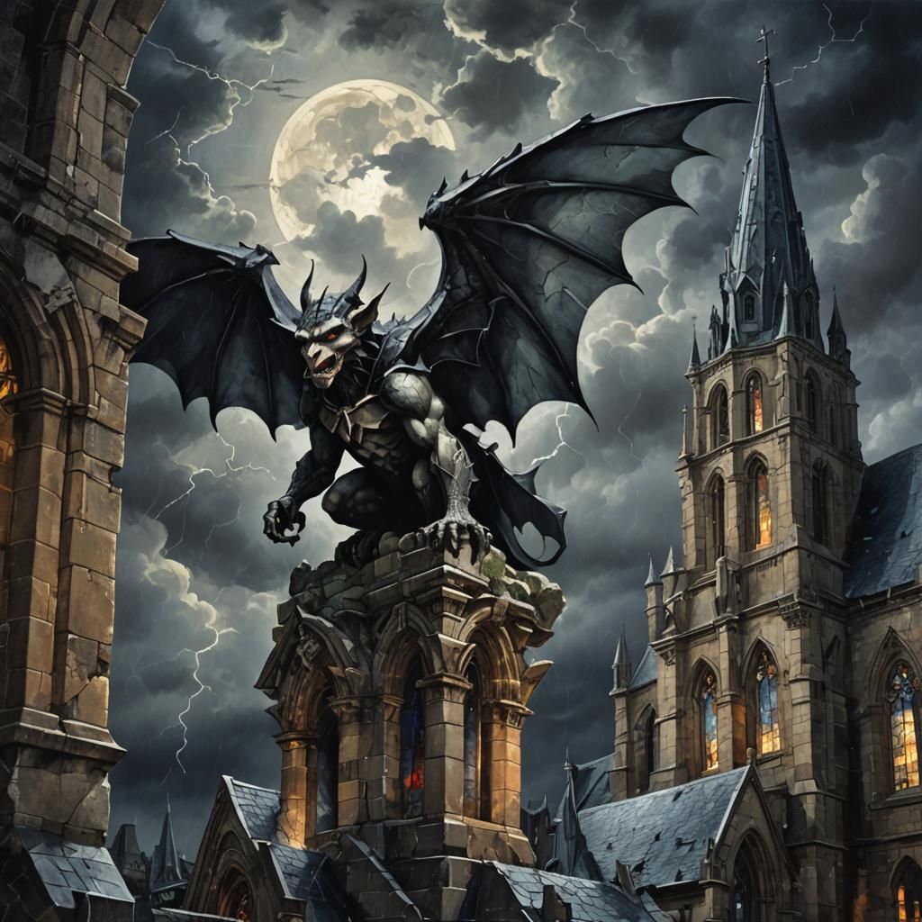 Tornadic Gargoyle in Gothic Midnight Storm