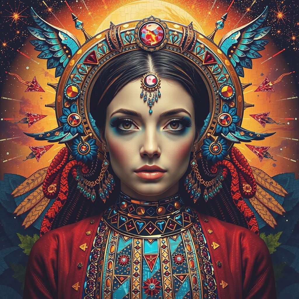 Iridescent Mosaic Woman in Starry Night Sky