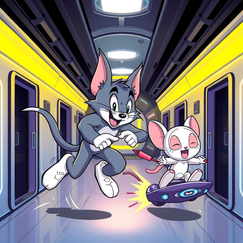 Tom and Jerry Chase in Futuristic Anime Style