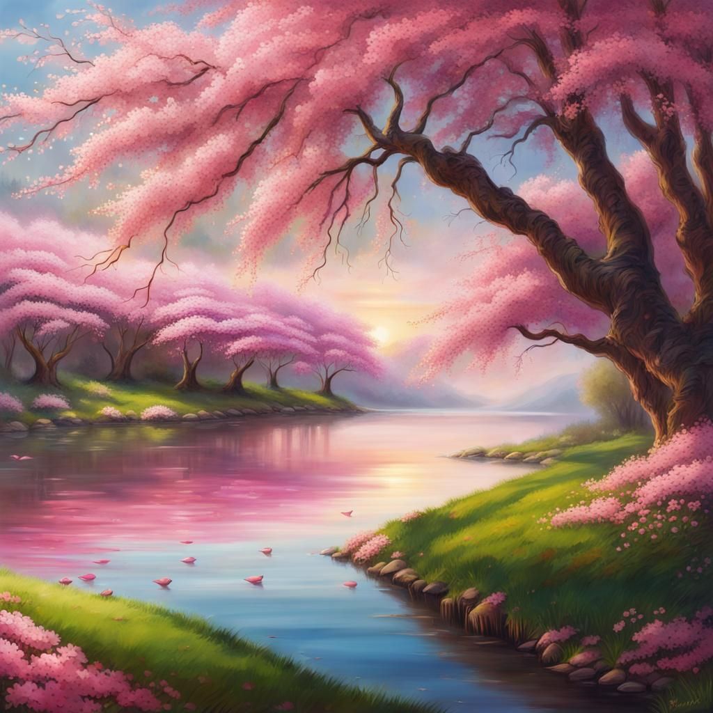 Cherry Blossoms Around Lake: Fantasy Art Masterpiece