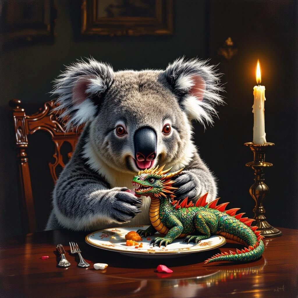 Koala Eats Dragon at Dinner Table in Storybook Style