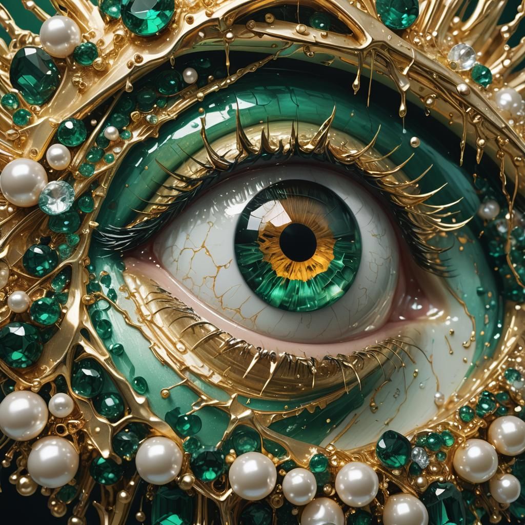 Macro of an emerald and gold eye, with large beams of electr...