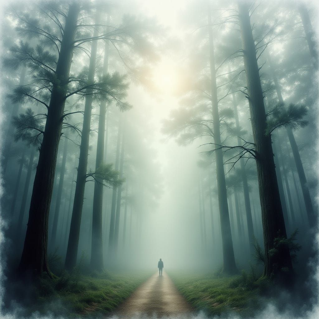 Mystical Pine Forest in Ethereal Watercolor Fog