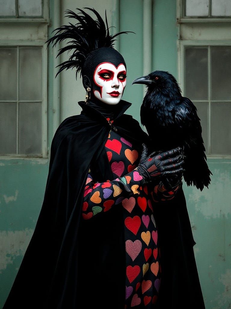 Whimsical Figure with Raven and Hearts