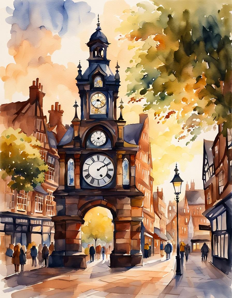 Impressionist Eastgate Clock Watercolor Cityscape in Golden....