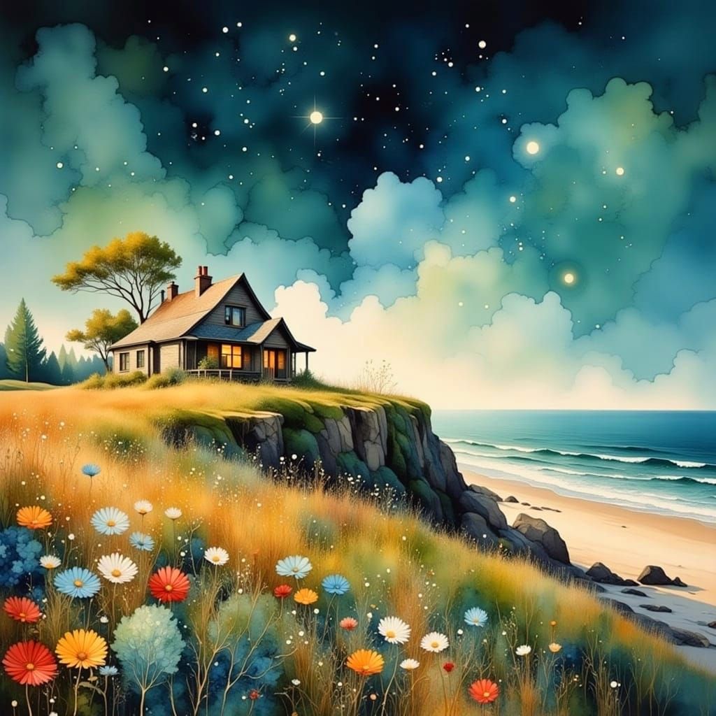 Seaside Stone Cottage with Wildflowers in Watercolor