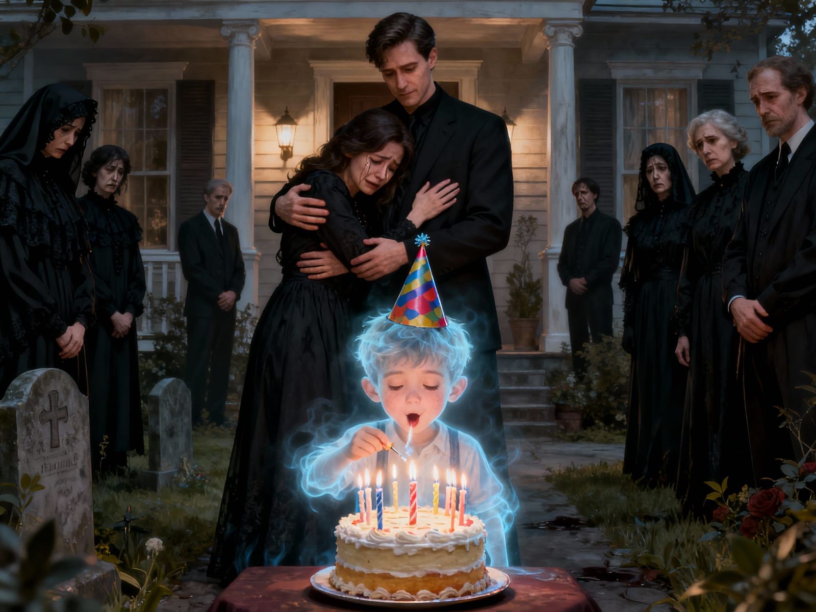 Joyful Ghost Child's Party Contrasts Parental Grief