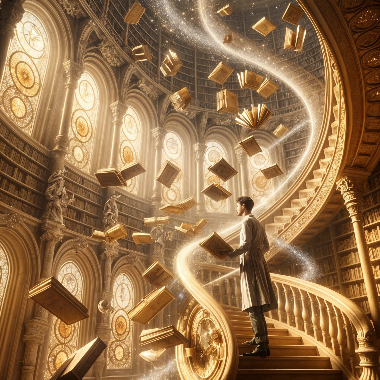 Ethereal Librarian in Dreamlike Library Scene