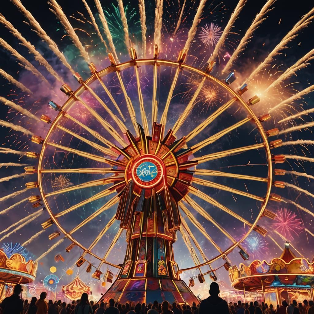 Colorful Night Funfair with Fireworks, Digital Art