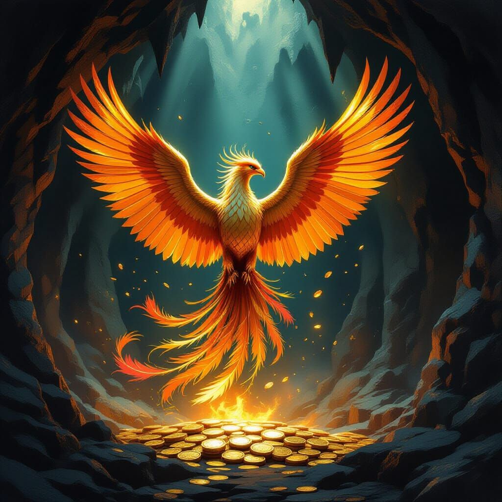 Phoenix Rising from Gold in Dark Cavern, Epic Fantasy Style