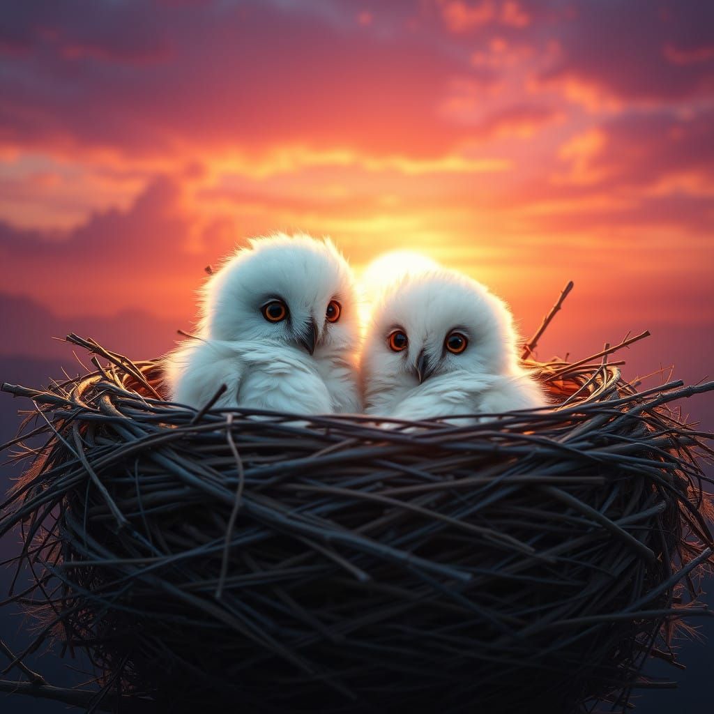 Majestic Baby White Owls in Sunrise Landscape