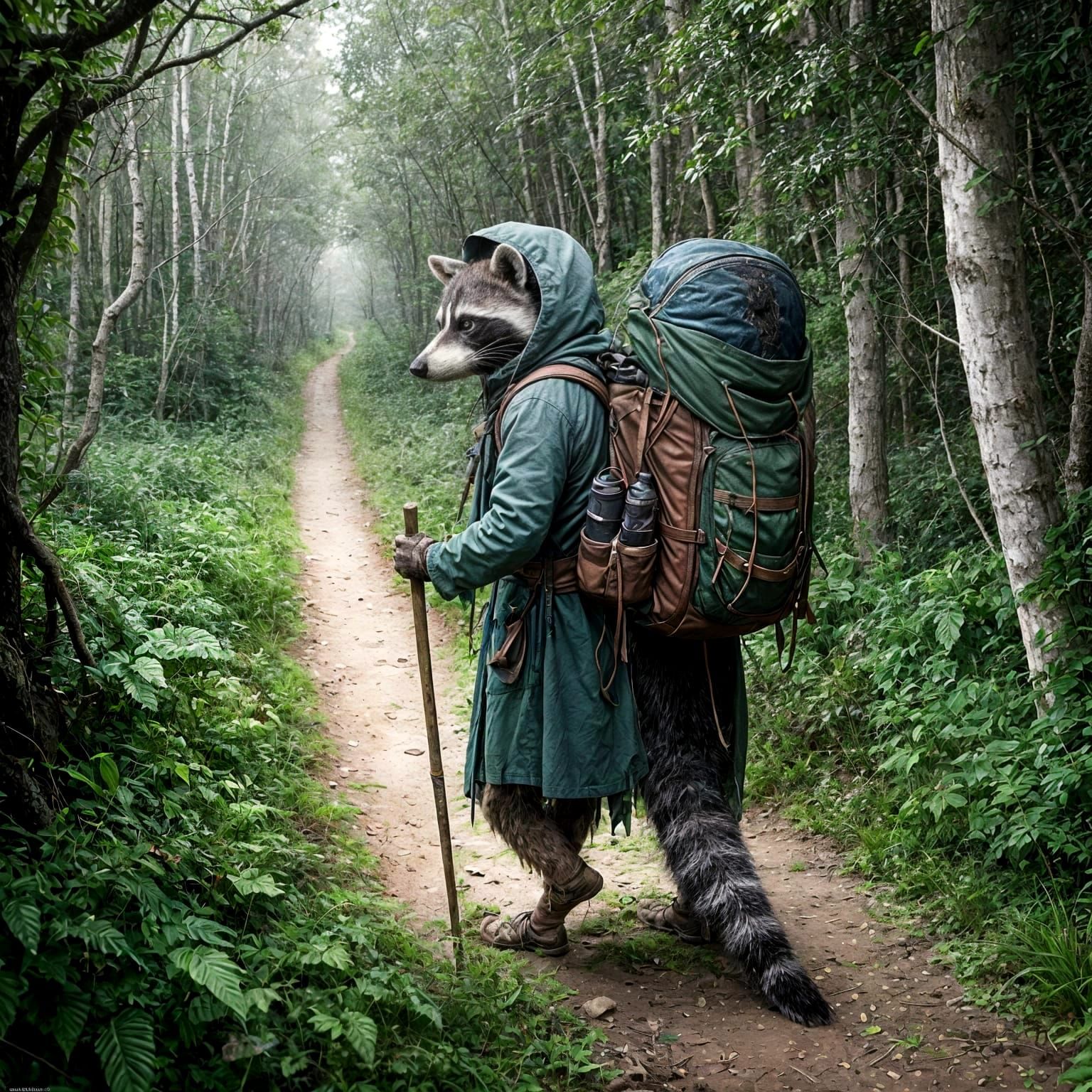 Mysterious Forest Wanderer in Haunting, Moody Hiking Attire