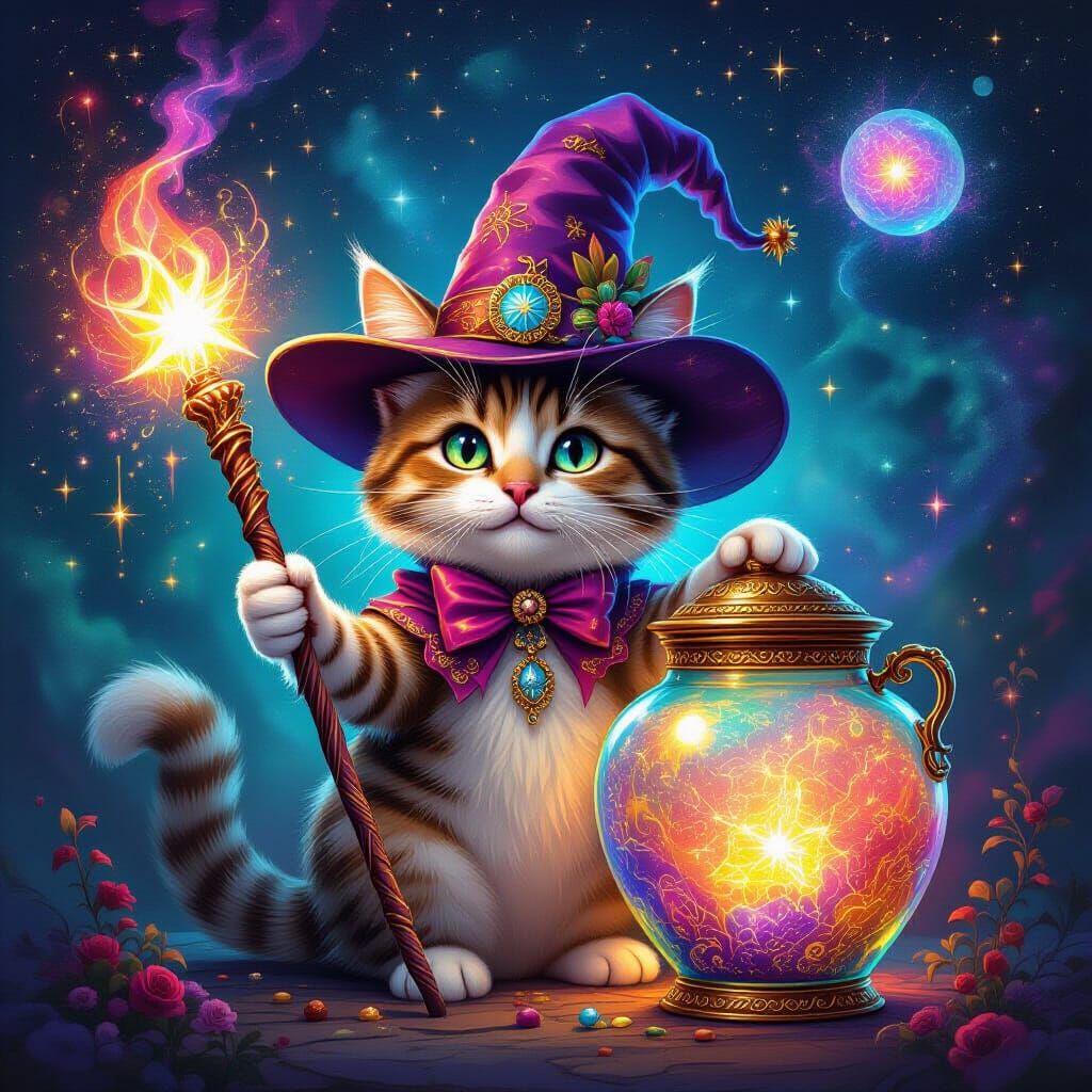 Whimsical Cat with Magic Stick in Dreamlike Vision