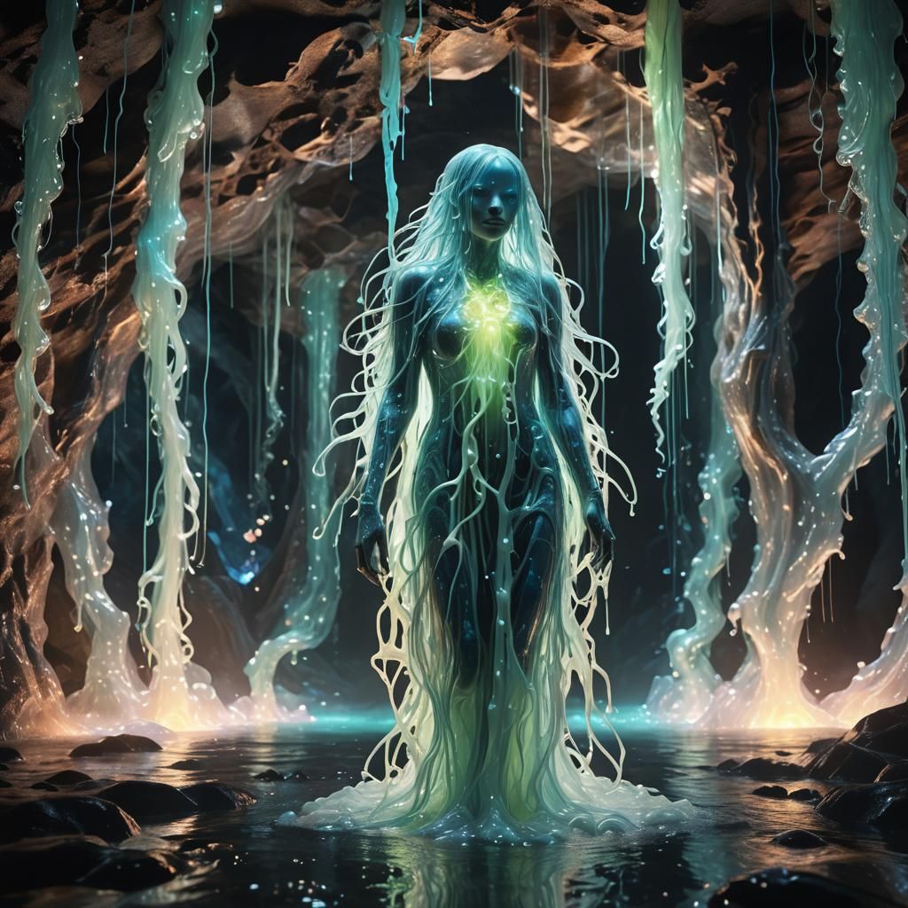 Bioluminescent Slime Being in Iridescent Cave