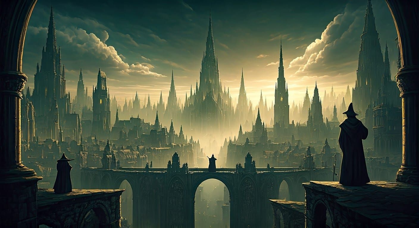 Ethereal City of Wizards in Golden Light