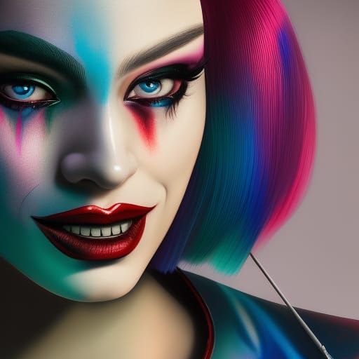 Harley Quinn Reflection: Crying Mirror Image in Action Paint...