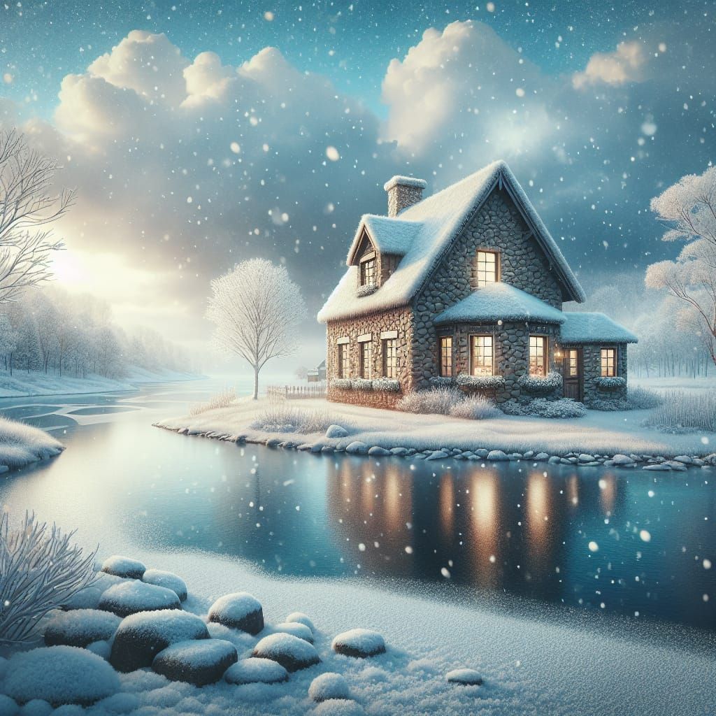 Cozy Winter Scene in a Quaint Cobblestone House