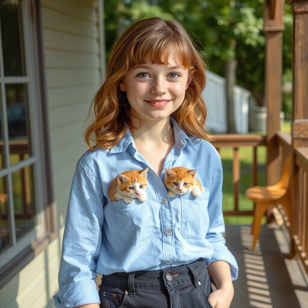 Young Woman with Kittens on Wooden Porch
