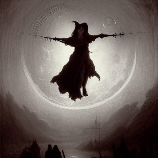 a witch flying in the sky with her arms out and has moon beh...
