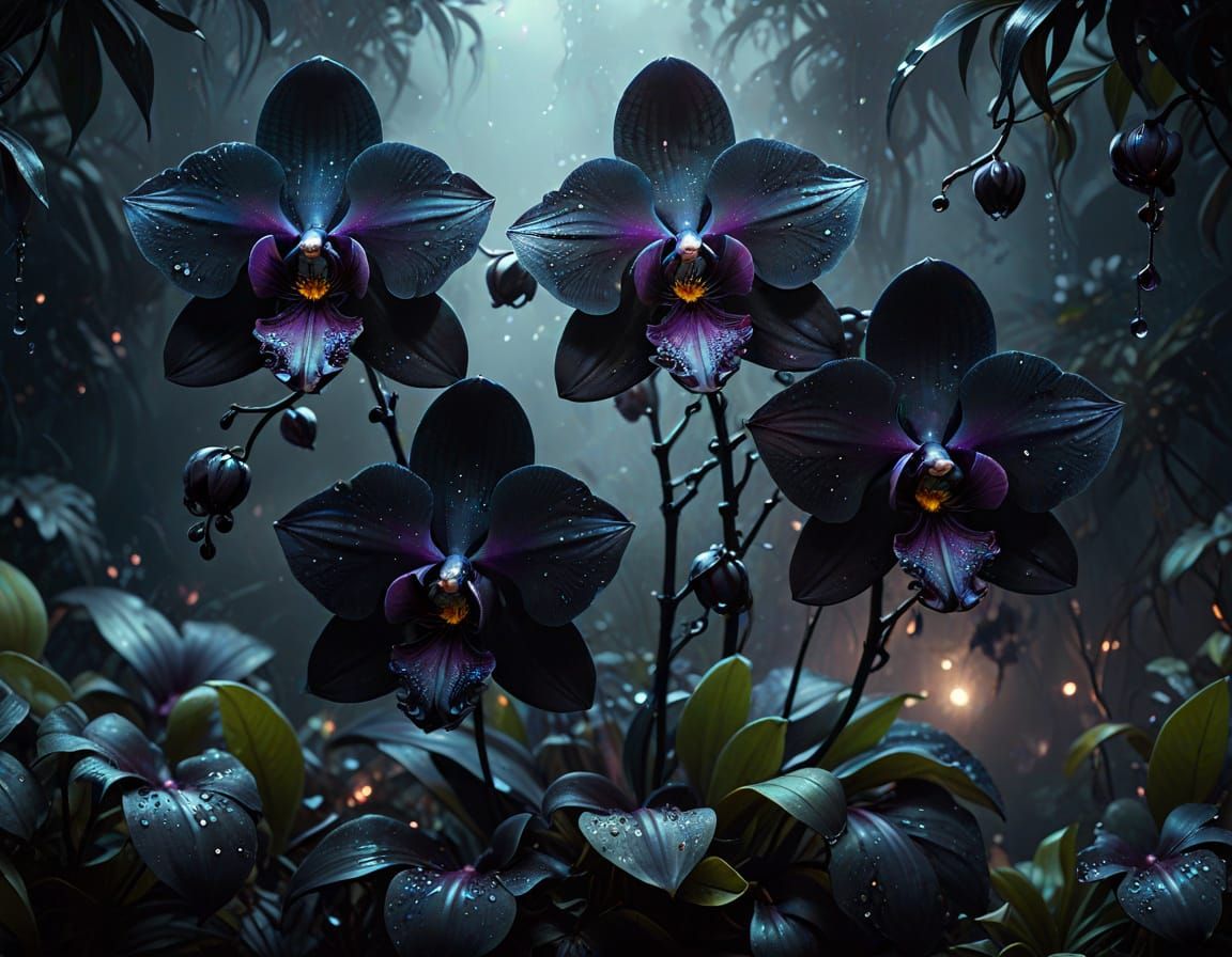 Mystical Black Orchids in Moonlight