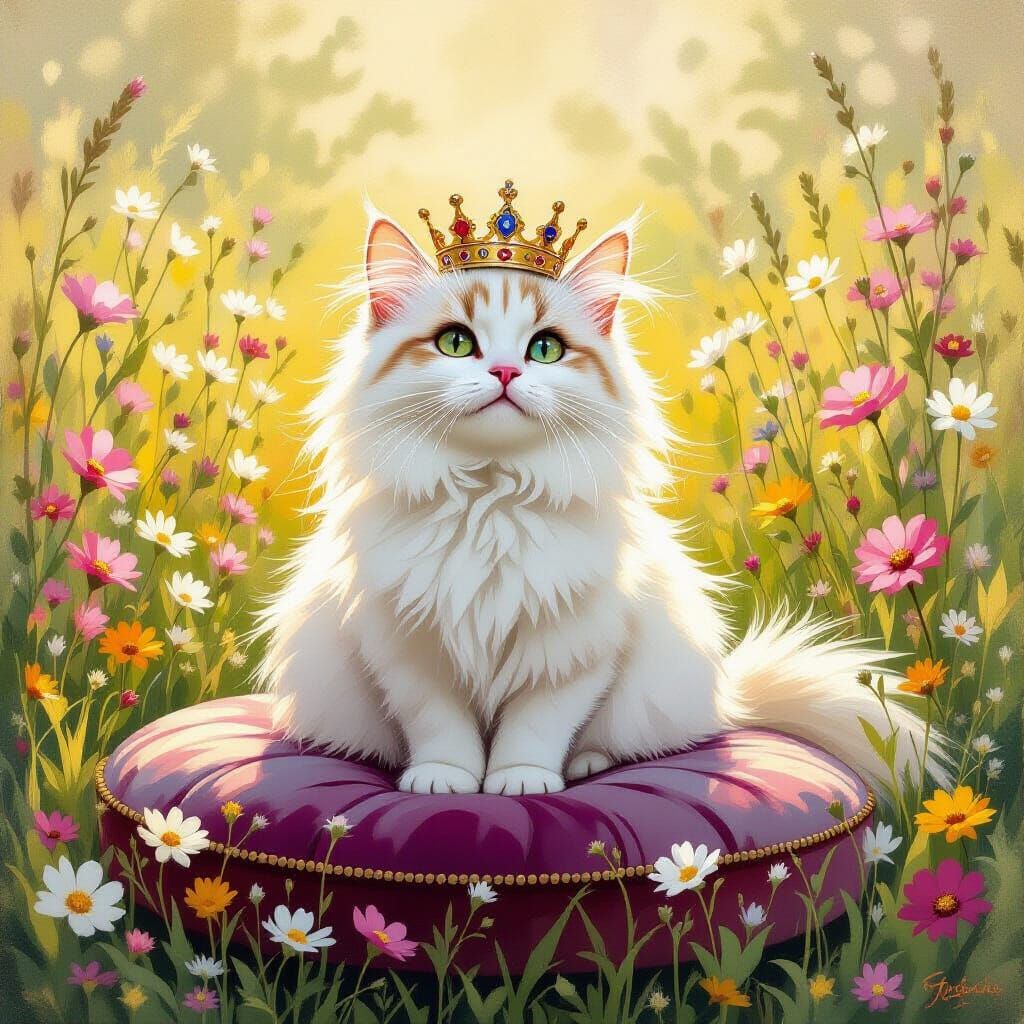 Crowned Cat in Wildflower Meadow: Gouache Illustration
