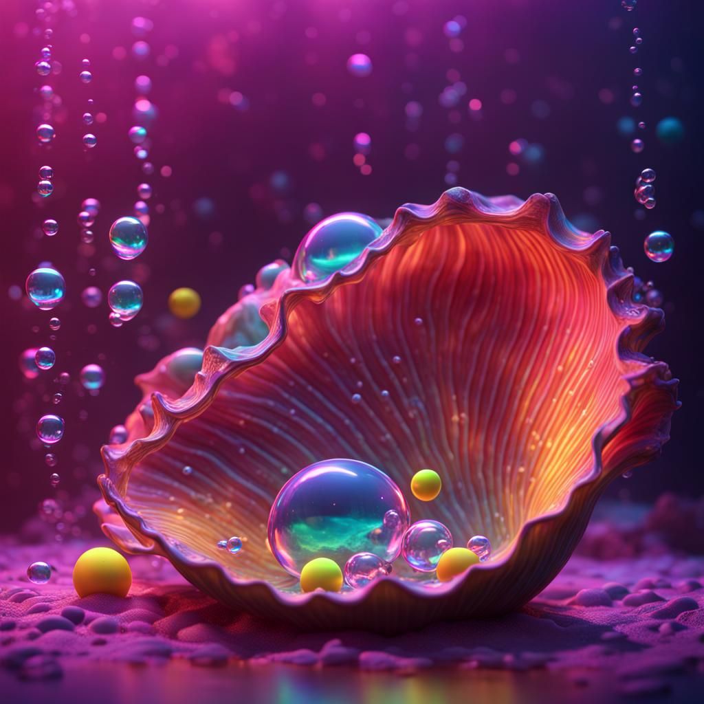 Giant Pearl in Shell, Neon Ocean Art