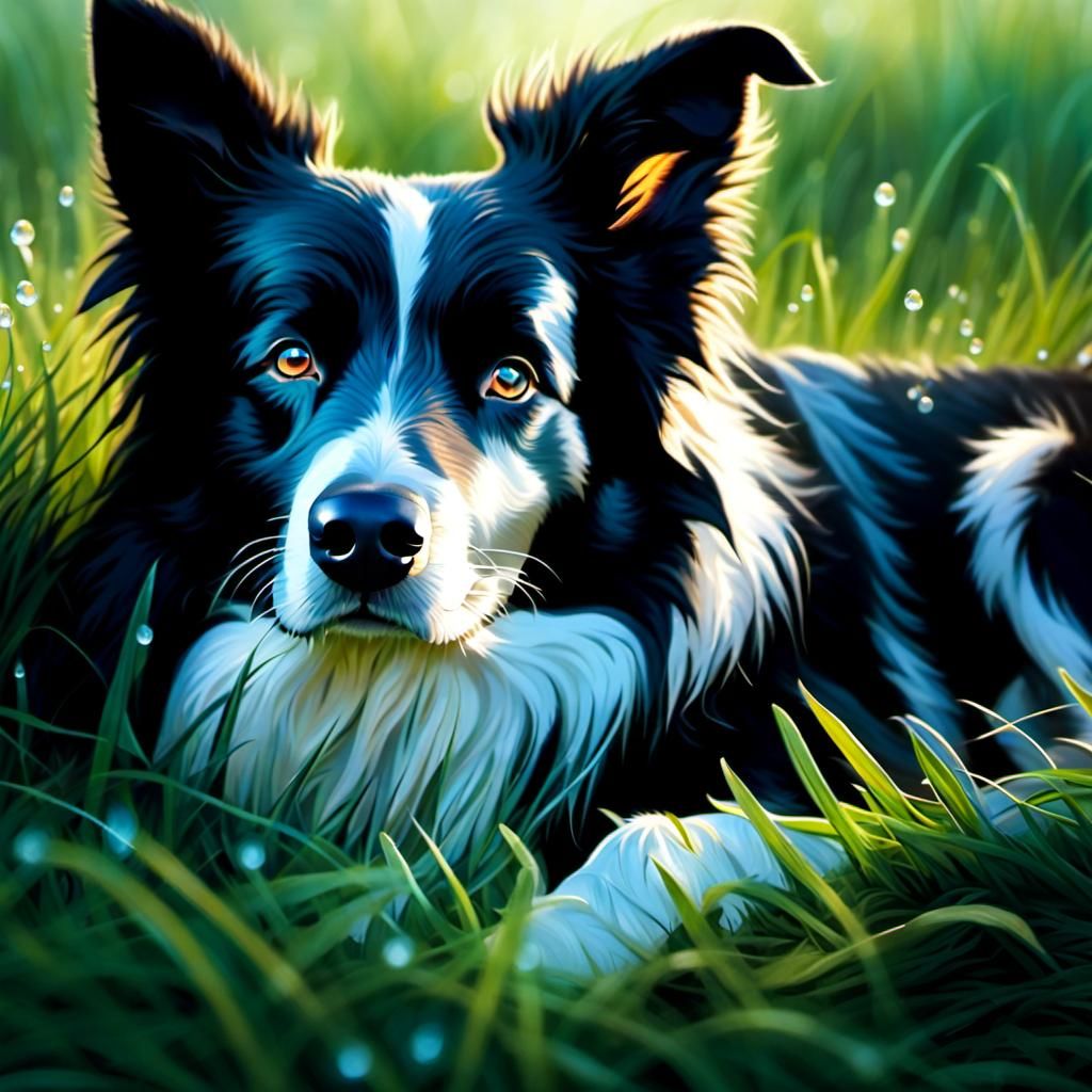 Border Collie Sleeping in Dewy Grass