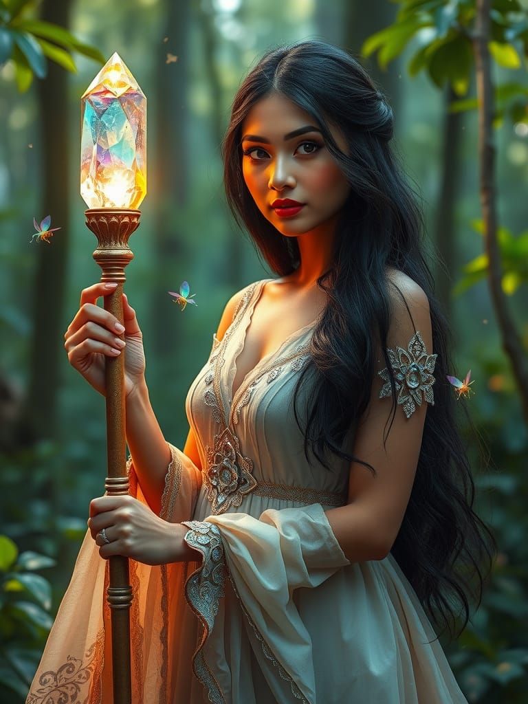 Enchanted Forest Goddess with Crystals and Fairies