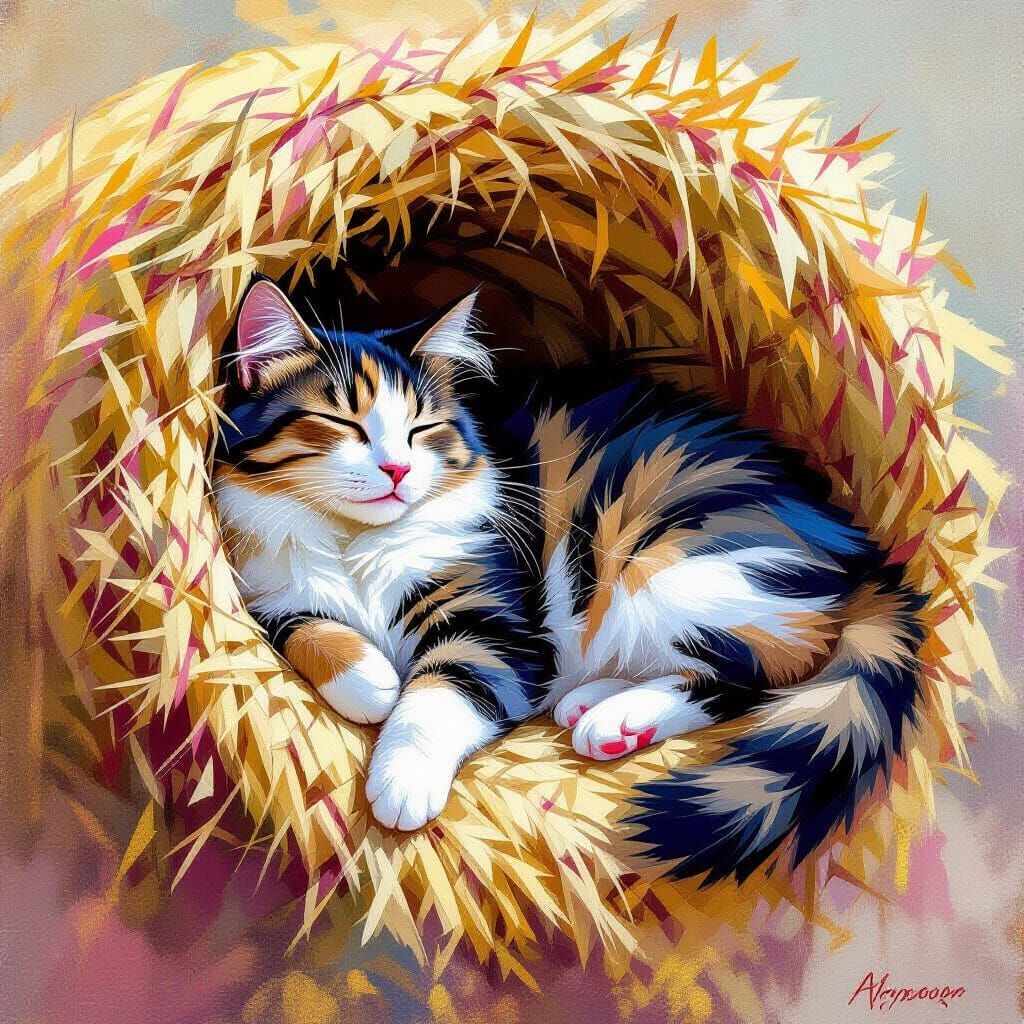 Cat Relaxing on Haystack: Impressionistic Dreamscape