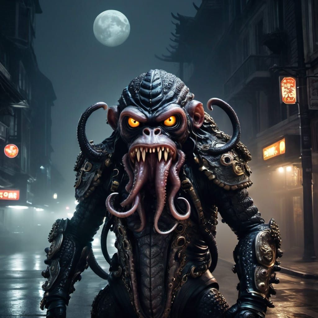 Cyberpunk Creature Unveiled Under Moonlit City Skies