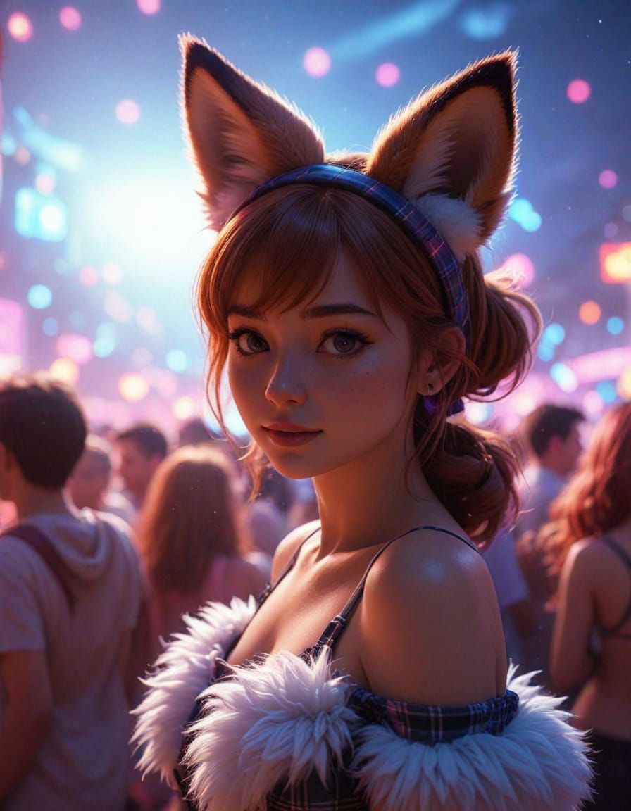 Kitsune Goddess Dances Under Neon Glow