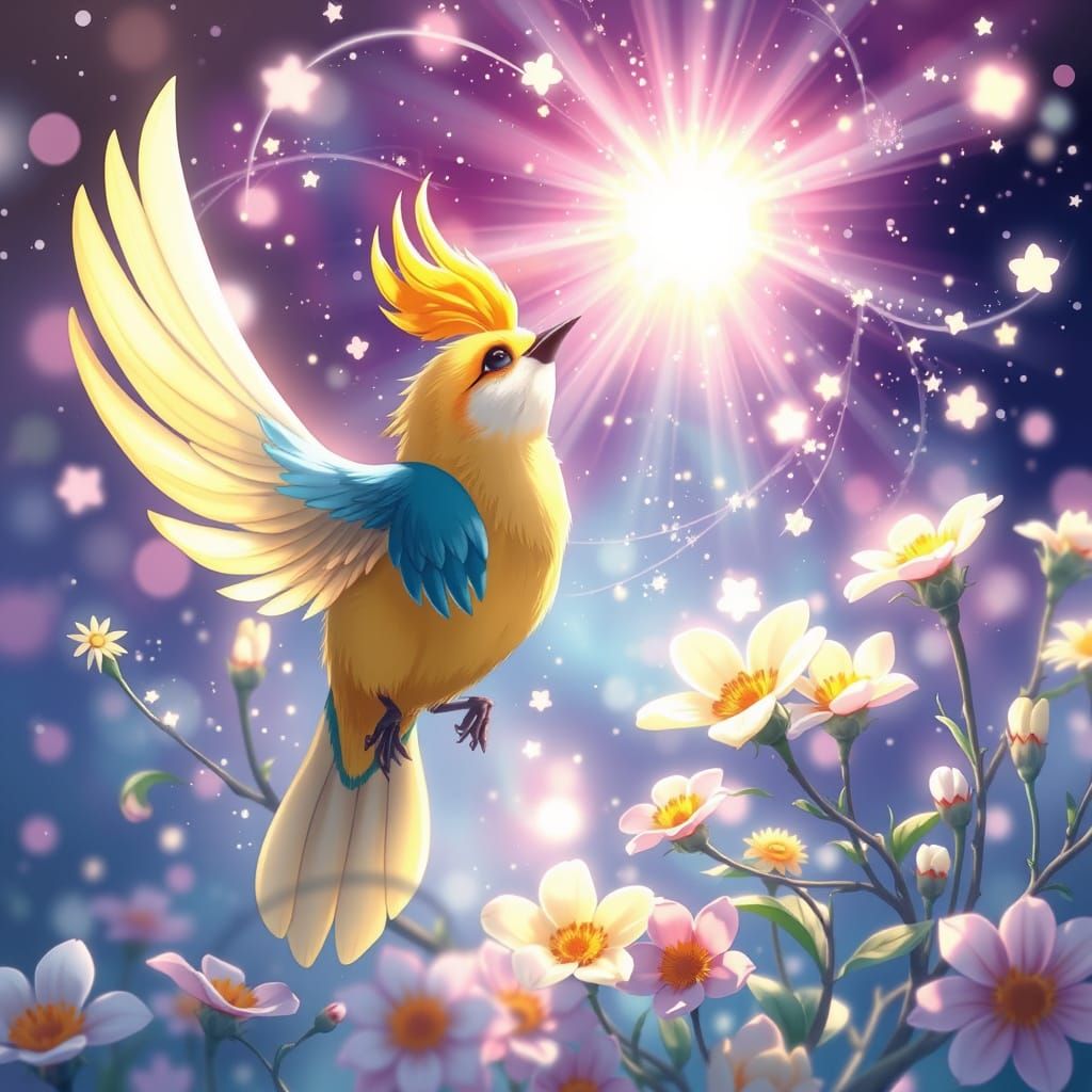 Magical Bird Sings Amidst Blooming Flowers: Anime Style