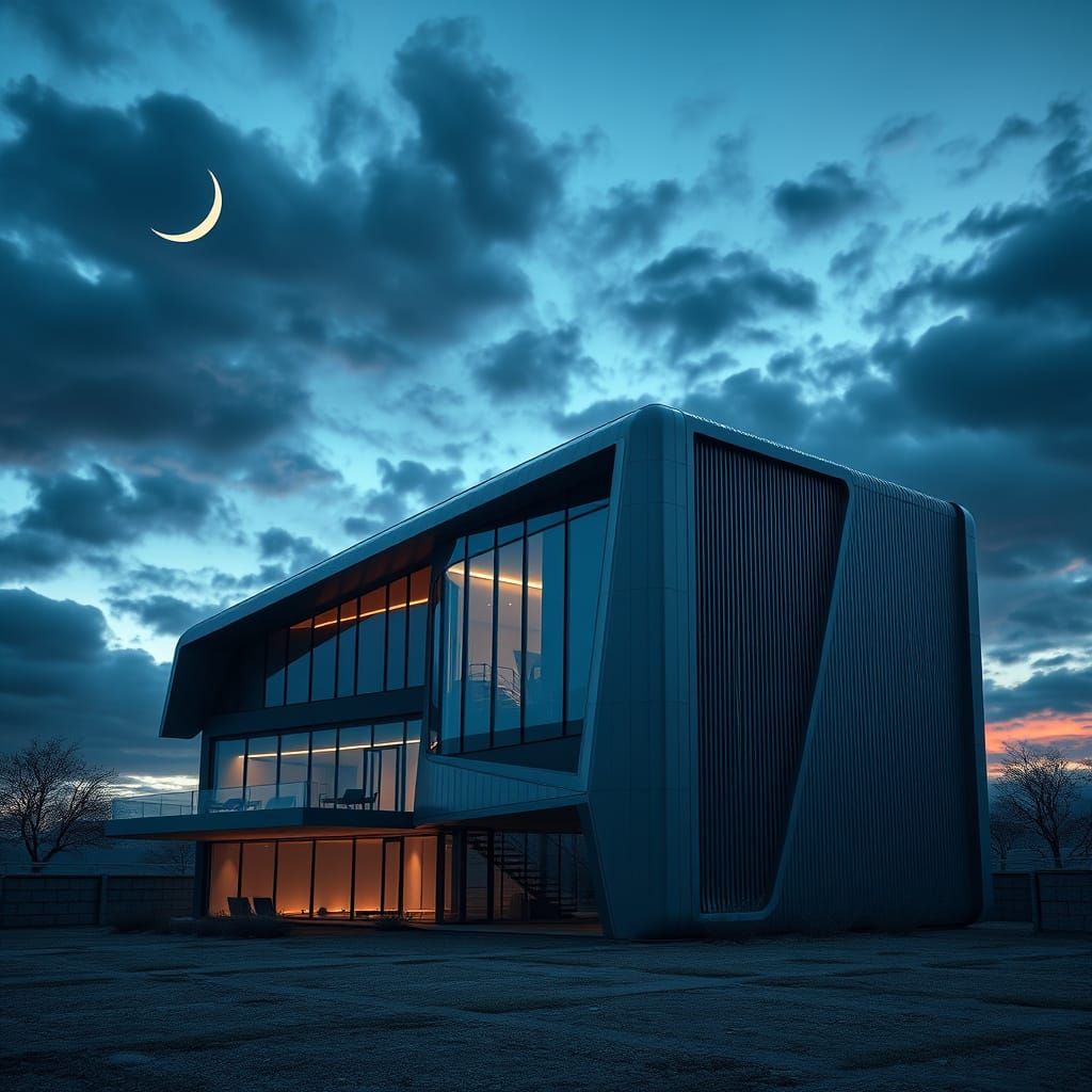 Sleek Futuristic Abode Illuminated by Crescent Moon