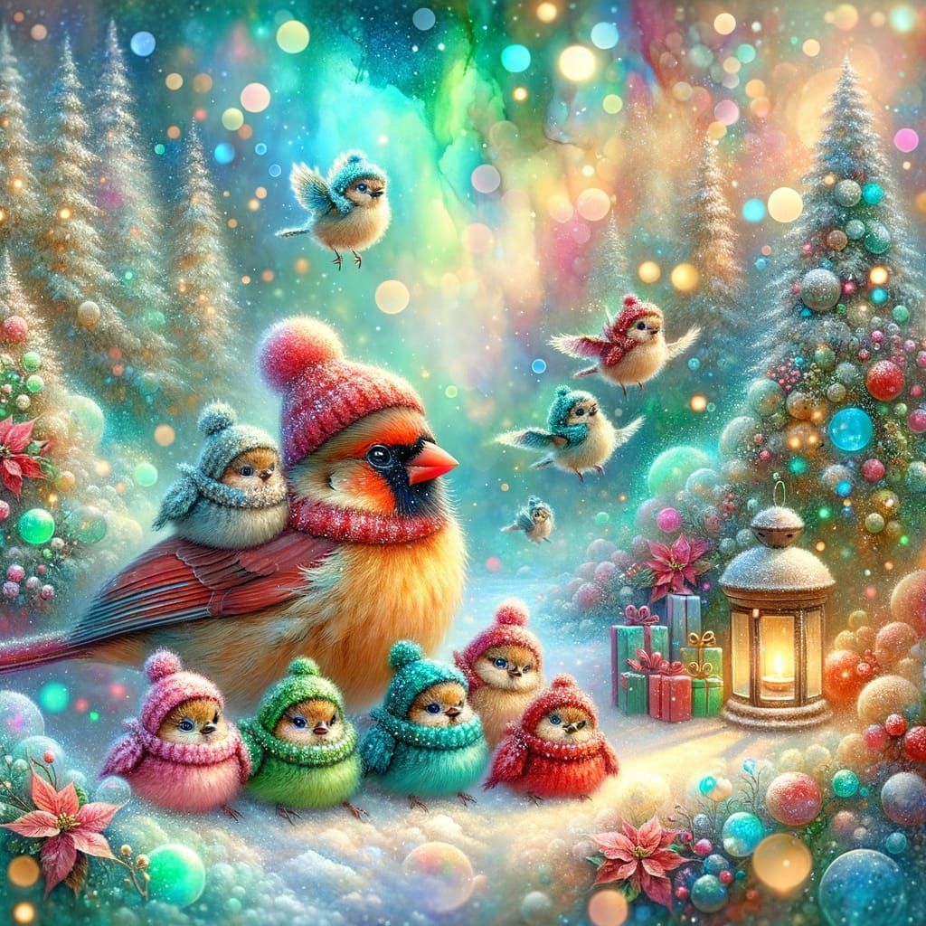 Mother Cardinal and Chicks in Festive Christmas Forest