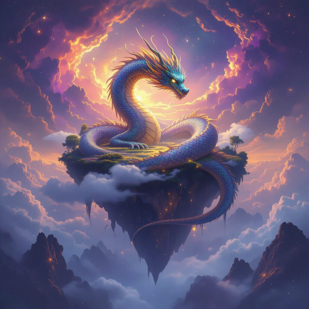 Ancient Dragon on Floating Island Above Nebula
