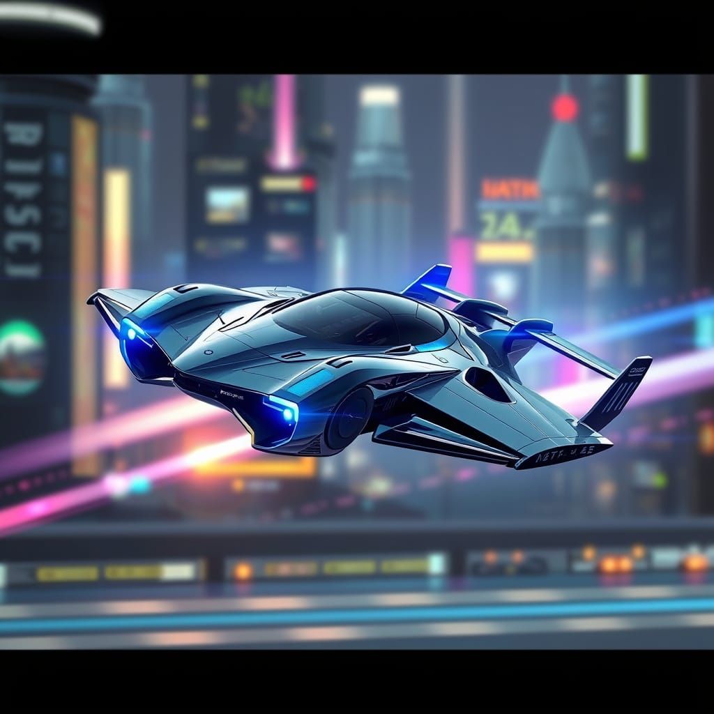 Futuristic Flying Car Soaring Through Neon Cityscape