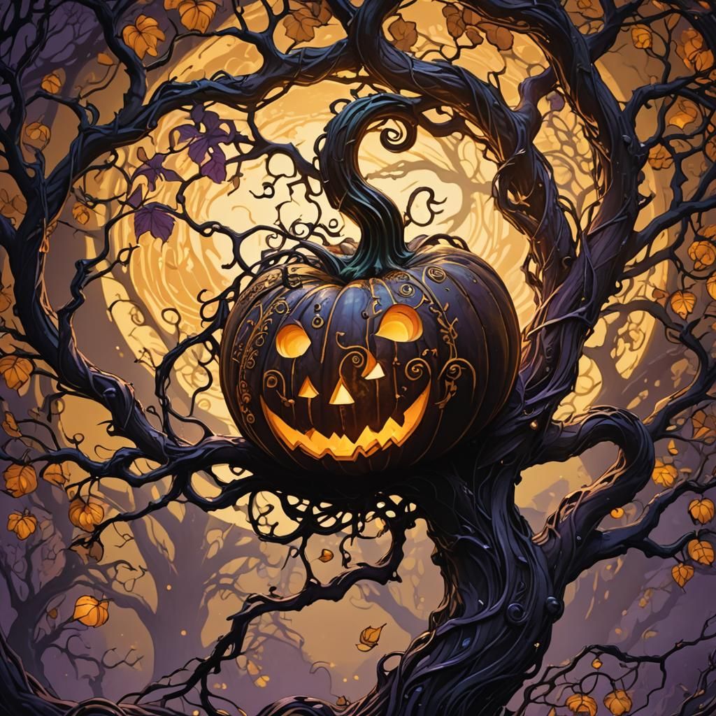 Glowing Pumpkin on Branch in Art Nouveau Style