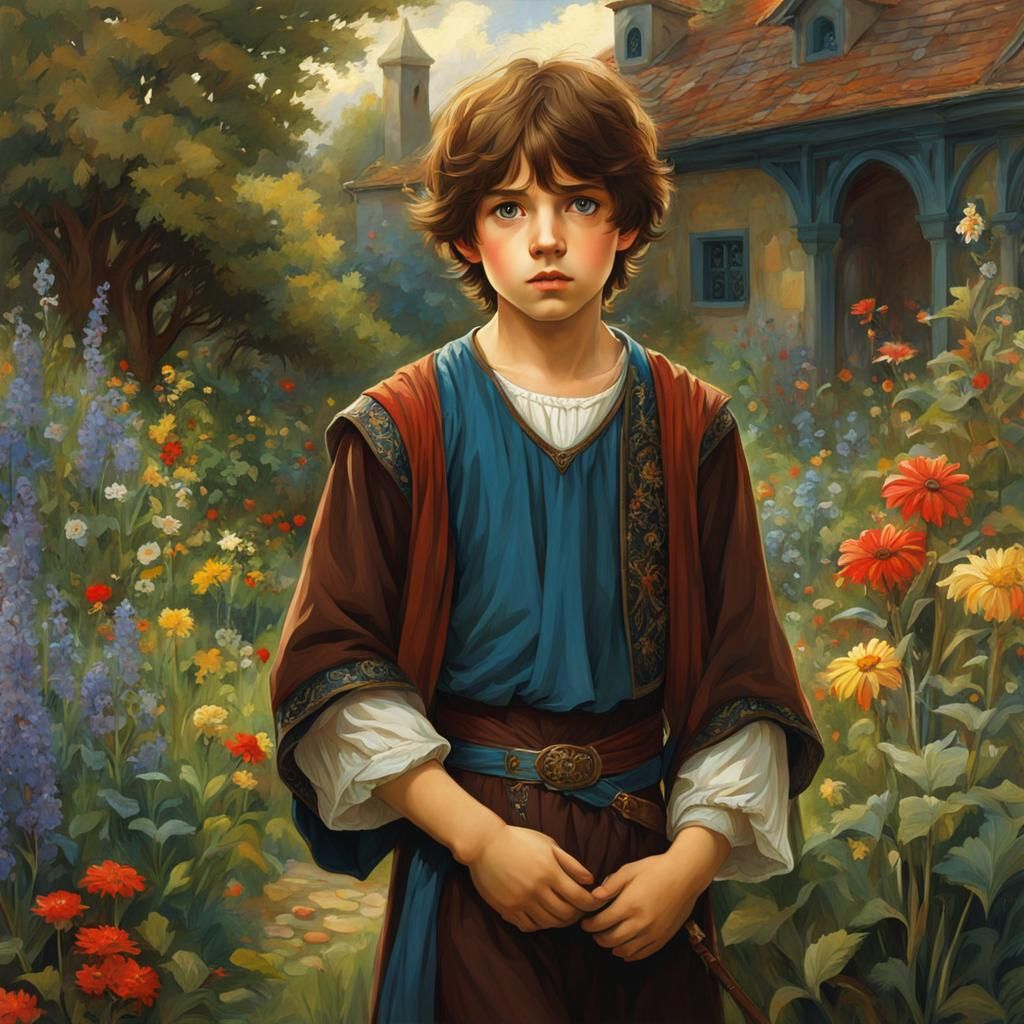 Frightened Boy in Medieval Garden, Classical Anime Style